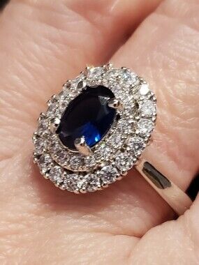 NEW Princess Diana Sapphire Ring Sz 8, Lg Oval Created Gem, Double Halo Surround